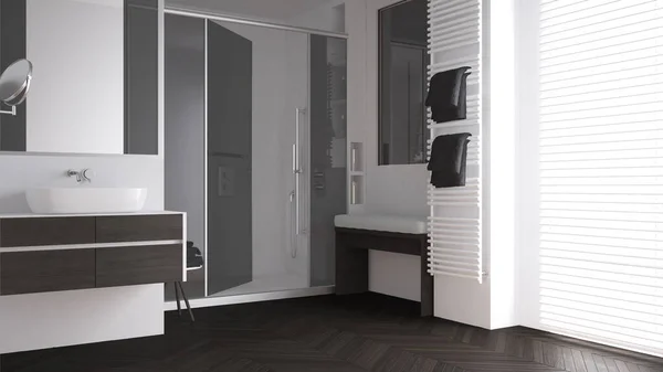 Minimalist Bathroom Dark Tones Sink Large Shower Glass Cabin Heated — Stock Photo, Image