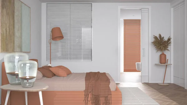 Modernes Helles Minimalistisches Schlafzimmer Orangetönen Doppelbett Mit Kissen Und Decken — Stockfoto