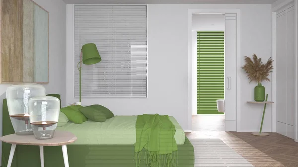 Modern bright minimalist bedroom in green tones, double bed with pillows and blankets, parquet, bedside tables with lamps and door over bathroom, carpet and decors, interior design