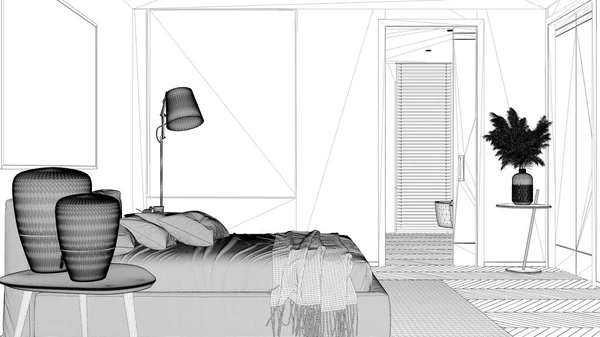 蓝图项目草案 现代明亮简约的卧室 有枕头和毛毯的床 床头柜 浴室的门和灯 地毯和装饰 室内设计 — 图库照片