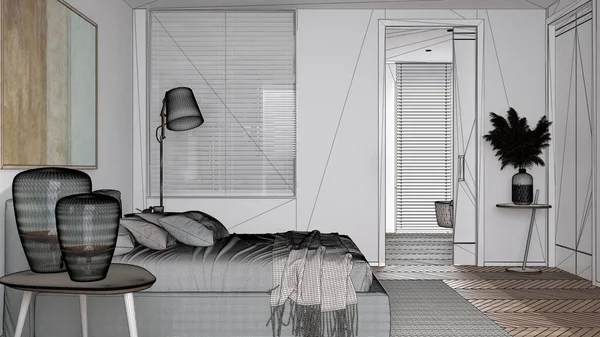 蓝图草图 设计理念 建筑师项目 现代明亮简约的卧室 有枕头和毛毯的床 床头柜 室内设计 — 图库照片