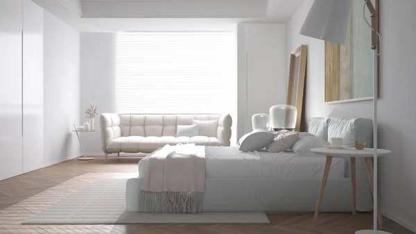 Μοντέρνο Φωτεινό Μινιμαλιστικό Υπνοδωμάτιο Λευκούς Τόνους Διπλό Κρεβάτι Μαξιλάρια Πάπλωμα — Φωτογραφία Αρχείου