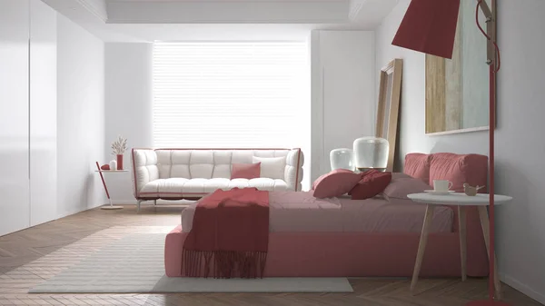 Modern Parlak Minimalist Yatak Odası Kırmızı Tonlarda Yastıklı Yorganlı Battaniyeli — Stok fotoğraf