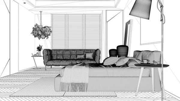 青写真プロジェクトの草案 現代のミニマリストの寝室 羽毛布団と毛布 寄木細工 窓とソファ ベッドサイドテーブル ランプ カーペットや装飾品 インテリアデザインのアイデアとダブルベッド — ストック写真