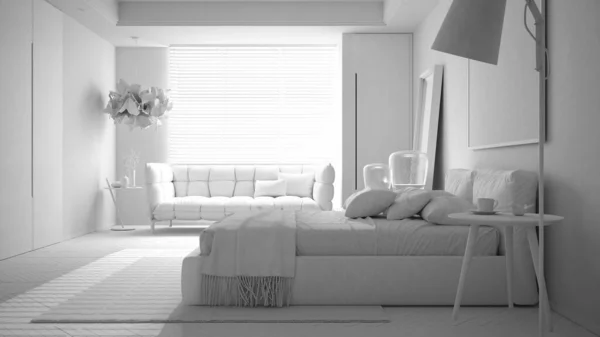全白工程 现代简约居室 双人床与枕头 羽绒被和毛毯 大窗户和沙发 床头柜 地毯和装饰 室内设计理念 — 图库照片