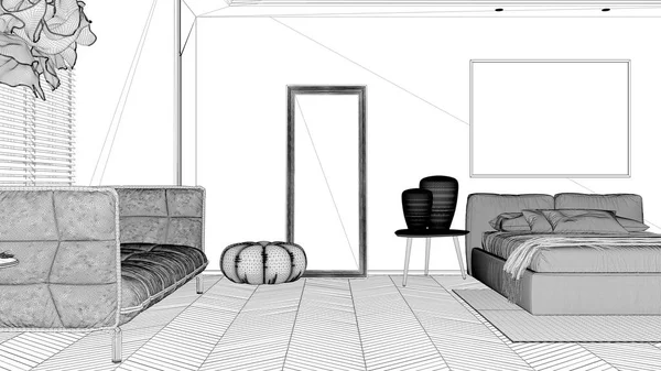ブループリントプロジェクトの草案は 現代の明るいベッドルーム 羽毛布団と毛布 寄木細工 窓やソファ ランプ付きテーブル付きのダブルベッド ポーランドの鏡 カーペット インテリアデザインのアイデア — ストック写真