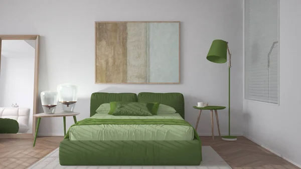 Moderne Lichte Minimalistische Slaapkamer Groene Tinten Tweepersoonsbed Met Kussens Dekbed — Stockfoto
