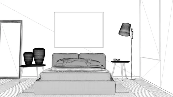 Projet Projet Chambre Lumineuse Moderne Lit Double Avec Oreillers Couette — Photo