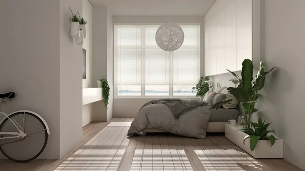 全景白色简约的卧室 有花束 大窗户 室内植物 柔软的羽绒被和枕头 生态绿色概念 室内设计 — 图库照片