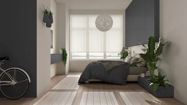 Panoramavitt Och Grått Minimalistiskt Sovrum Med Parkett Stort Fönster Krukväxter — Stockfoto