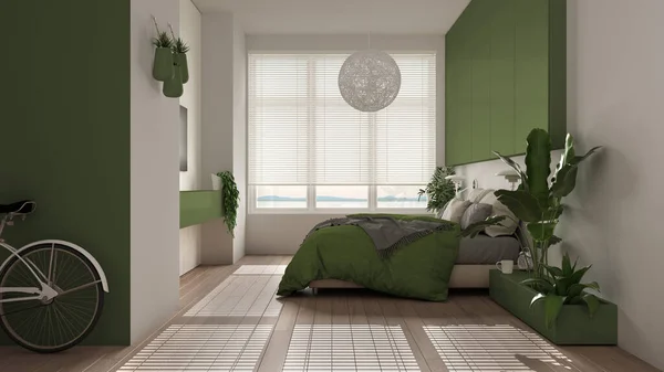 Dormitorio Minimalista Panorámico Blanco Verde Con Parquet Ventana Grande Plantas —  Fotos de Stock