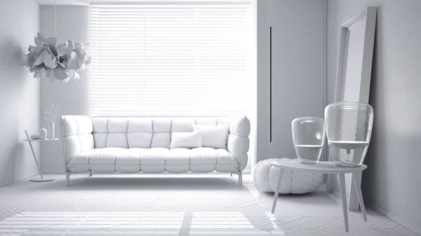 総白いプロジェクト デザインコンセプト 建築家のデザイナープロジェクト 現代の明るいミニマリストのリビングルーム 枕とPouffとソファ 寄木細工 カーペット インテリアデザインのアイデア — ストック写真