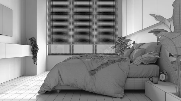 项目未完成 全景简约的卧室与花束 大窗户 室内植物 柔软的羽绒被和枕头 生态绿色概念 室内设计 — 图库照片