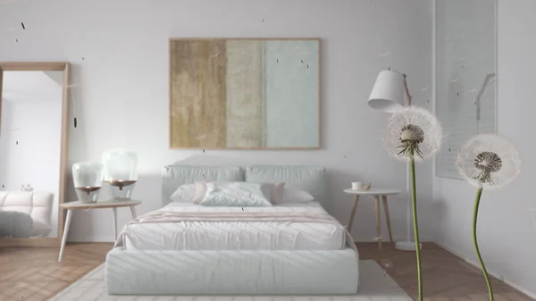 吹いている種子を持つふわふわの風通しの良いタンポポは ベージュ色のトーンでミニマリストの寝室 大きな柔らかいベッドの上に広がります インテリアデザインのアイデア 自由の概念 — ストック写真