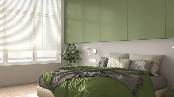 Panoramic white and green minimalist bedroom with parquet, big window, house plants, soft duvet and pillows. Eco green concept, interior design