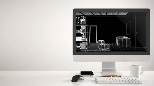 Conceito Projeto Casa Arquiteto Computador Desktop Fundo Branco Mesa Trabalho — Fotografia de Stock