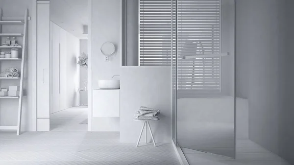 Projeto Branco Total Banheiro Minimalista Com Chuveiro Grande Com Cabine — Fotografia de Stock