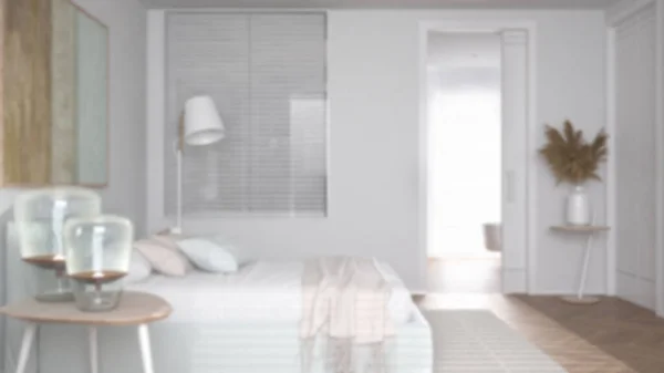 Waas Achtergrond Moderne Lichte Minimalistische Slaapkamer Bed Met Kussens Dekens — Stockfoto