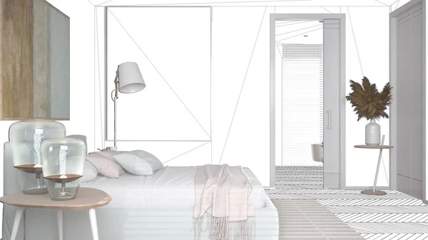 現代の明るいミニマリストの寝室 枕と毛布付きのベッドルーム 寄木細工 テーブル インテリアデザインの概念のアイデア 黒インクのスケッチの青写真の背景 カスタム家具プロジェクトの草案 — ストック写真
