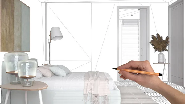 손으로 관습적 스케치 침대와 미니멀리즘적 침실을 청사진 — 스톡 사진