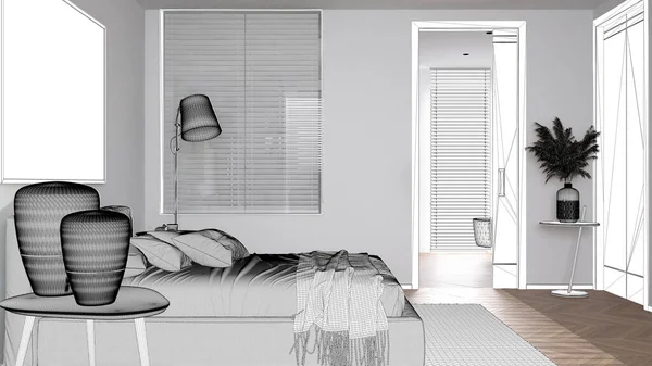 Proyecto Anteproyecto Boceto Dormitorio Moderno Cama Con Almohadas Mantas Parquet —  Fotos de Stock