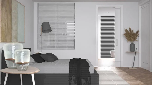 Moderno Dormitorio Minimalista Luminoso Tonos Grises Cama Doble Con Almohadas —  Fotos de Stock