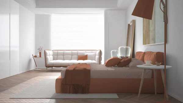 Modernes Helles Minimalistisches Schlafzimmer Orangetönen Doppelbett Mit Kissen Bettdecke Und — Stockfoto