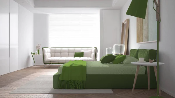 緑のトーンでモダンな明るいミニマリストの寝室 羽毛布団と毛布 寄木細工 大きな窓とソファ ベッドサイドテーブル ランプ カーペットや装飾品 インテリアデザインのアイデア — ストック写真