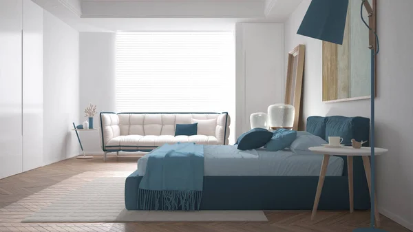 Modern Bright Minimalist Bedroom Blue Tones Double Bed Pillows Duvet — Stock Photo, Image