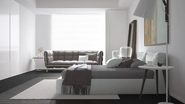 Modern Minimalist Yatak Odası Koyu Tonlarda Yastıklı Yorganlı Battaniyeli Çift — Stok fotoğraf
