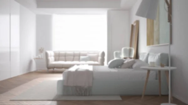 Fondo Desenfoque Dormitorio Minimalista Moderno Cama Doble Con Almohadas Edredón —  Fotos de Stock