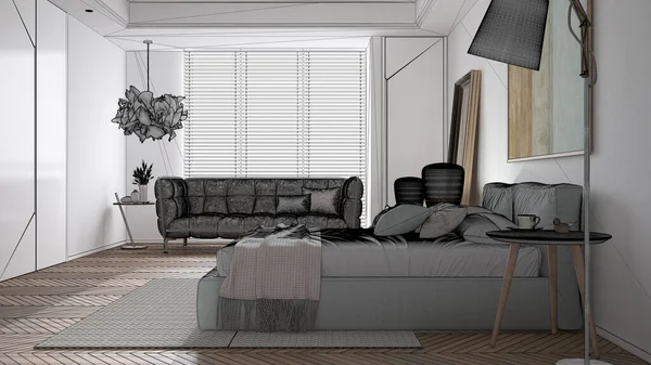 Proyecto Boceto Concepto Diseño Proyecto Arquitecto Dormitorio Luminoso Moderno Cama —  Fotos de Stock