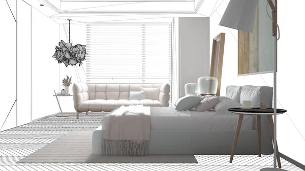 Moderno Dormitorio Minimalista Brillante Cama Con Almohadas Mantas Parquet Sofá —  Fotos de Stock