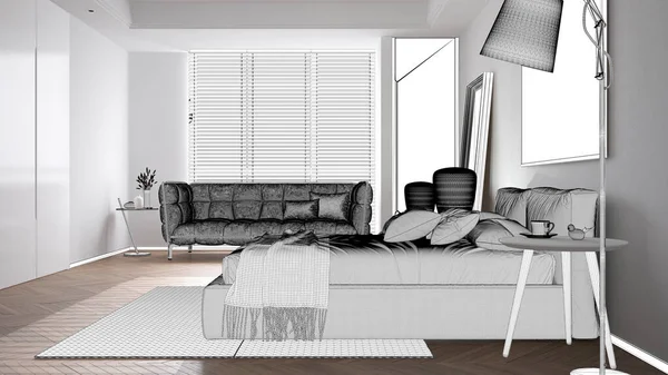 Proyecto Proyecto Anteproyecto Boceto Dormitorio Moderno Cama Con Almohadas Mantas —  Fotos de Stock