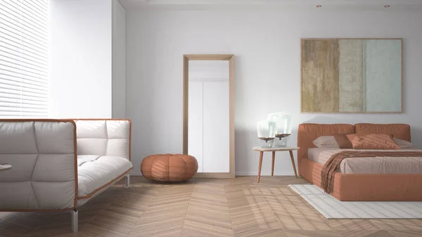 Moderno Dormitorio Minimalista Luminoso Tonos Naranja Cama Doble Con Almohadas —  Fotos de Stock