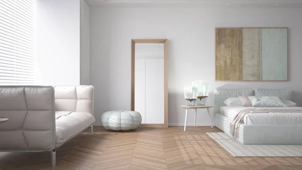 Moderno Dormitorio Minimalista Brillante Tonos Blancos Cama Doble Con Almohadas —  Fotos de Stock