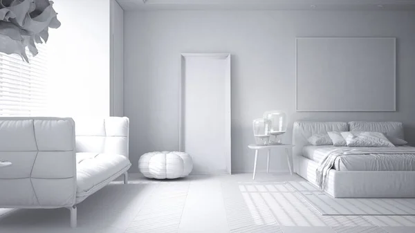 Tamamen Beyaz Proje Modern Parlak Yatak Odası Yastıklı Yorgan Battaniyeli — Stok fotoğraf