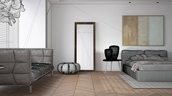 Proyecto Boceto Concepto Diseño Proyecto Arquitecto Dormitorio Cama Con Almohadas —  Fotos de Stock