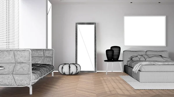 Proyecto Proyecto Anteproyecto Boceto Dormitorio Moderno Cama Con Almohadas Mantas —  Fotos de Stock