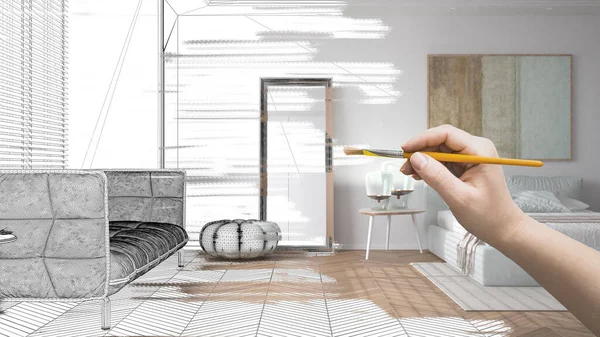 Blauwdruk Project Ontwerp Schets Van Lichte Slaapkamer Hand Schilderen Interieur — Stockfoto