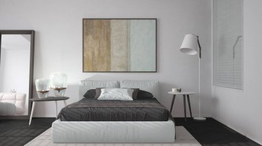Modern parlak minimalist yatak odası koyu tonlarda, çift kişilik yatak yastıklı yorgan ve battaniyeli, parke, pencereli masa lambalı, ayna keseli, halı, iç tasarım fikri