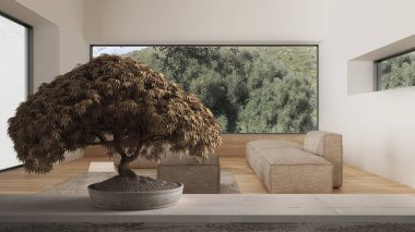 Saksı çiçek bonsai, bej yaprakları, çiçekler, kanepe ile çağdaş oturma odası üzerinde Vintage ahşap masa raf, modern iç tasarım, zen temiz mimari konsept fikir