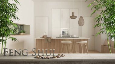 Çakıl taşı dengeli ahşap masa rafı ve üç boyutlu harfler. Ada, tabure ve pencereli ahşap ve beyaz mutfak üzerine feng shui sözcüğü. Zen iç tasarım.