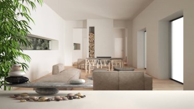 Çakıl dengesi ve 3d harfleri ile beyaz masa raf çağdaş daire kanepe ile modern oturma odası üzerinde kelime feng shui yapma, zen kavramı iç tasarım