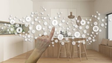 Işıldayan akıllı ev arayüzü, geometrik arka plan, bağIı çizgi ve noktalar şeylerin internetini gösteriyor, el işaretleri minimalist ahşap mutfak, ev otomasyonu