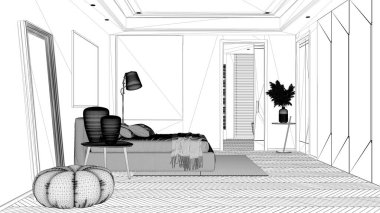 Proje taslağı, modern parlak minimalist yatak odası, yastıklı yatak ve battaniyeli yatak, parke, lambalı ve kapısı banyo, halı ve dekorasyonlu komodinli komodin.