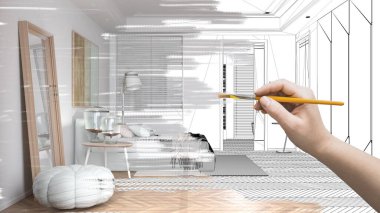 Taslak proje taslağı, minimalist yatak odası taslağı, el boyası iç ayrıntılar, tasarım konsepti fikri, yastıklar ve battaniyeler, parke, komodin, parke, özel mobilya