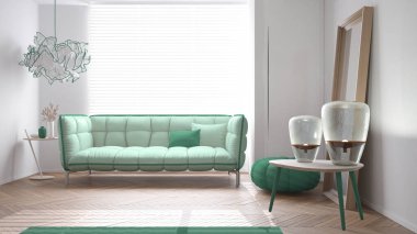 Turkuaz tonlarda modern parlak minimalist oturma odası, yastıklı yumuşak kanepe ve puf, parke, lambalı ahşap masalar, büyük pencere, halı ve dekorlar, iç mimari fikri
