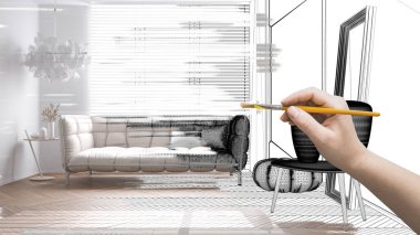 Taslak proje taslağı, minimalist yatak odası taslağı, el boyası iç dekorasyon fikri, tasarım fikri, oturma odası, kanepe, yastık ve puf, parke, halı, iç tasarım fikri