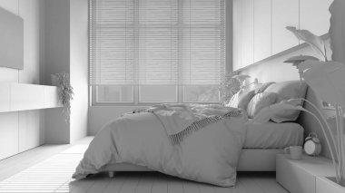 Tamamen beyaz proje, panoramik minimalist yatak odası parke, büyük pencere, ev bitkileri, yumuşak yorgan ve yastıklar. Çevre yeşili kavramı, iç tasarım